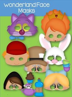 an image of children's face masks on a green background with the words wonderlandland face masks