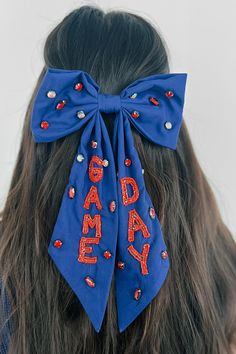 Pep Squad Beaded Barrette Hair Bow (Navy/Red) - NanaMacs Custom Hair Bows, Homecoming Mum Hair Bow, 4th Of July Beads In Hair, Football Game Attire, Navy Blue Hair Beads, Christmas Cheer Bows, Hanukkah Hair Bows, Pep Squad, Turkey Hair Bow