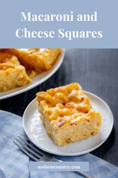 macaroni and cheese squares on a white plate with a fork next to it