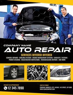 an auto repair flyer with two men standing next to a car