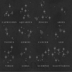 the zodiac signs are written in white ink on black paper with stars and snowflakes