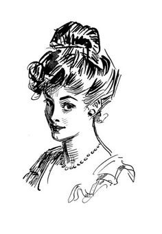 a black and white drawing of a woman's head with a bun in her hair