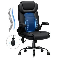 a black office chair with blue led lights on the back and armrests, next to a foot rest