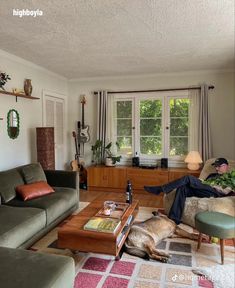 a living room filled with furniture and a dog laying on top of a coffee table