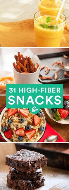 there are three different types of snacks and desserts on the table with text overlay that reads, 3 high - fiber snacks