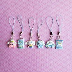 Adorable phone charms! Super cute for phone cases, cameras, book bags, tote bags, purses, etc. Sold individually and have 6 options available. Aesthetic Sanrio, Random Products, Animal Keychain, Beaded Lanyard, Book Bags, Phone Plug, Phone Charms, Beaded Lanyards, Cute Room Ideas