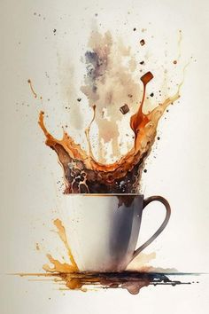 a coffee cup filled with liquid splashing out of it