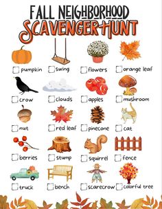 the fall neighborhood scavenger hunt with leaves and pumpkins, including an image of a