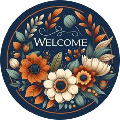 Welcome Blue Orange Sage Fall Flowers And Berries-Fall Wreath Sign 11.75’ Painted Floral Wreath, Cowboy Crafts, Canada Christmas, Unique Wreath, Halloween Fruit, Valentines Gift Card, Dark Slate Blue, Southwest Design, United States Postal Service