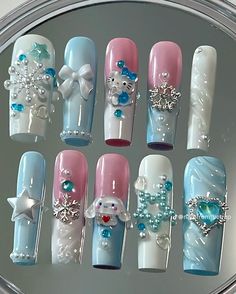 Snowbunny Nails, Winter Sanrio Nails, Sanrio Winter, Charms Nails, Nail Cam, Sanrio Nails, Gyaru Nails