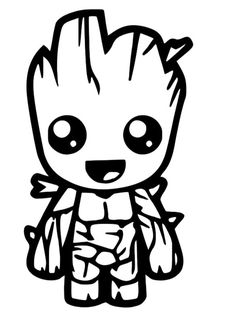 a black and white drawing of a baby grooter holding a teddy bear in his arms