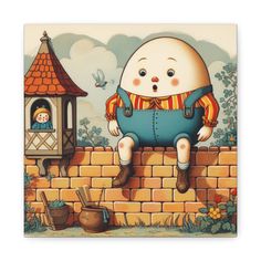 a cartoon character sitting on top of a brick wall next to a birdhouse and child