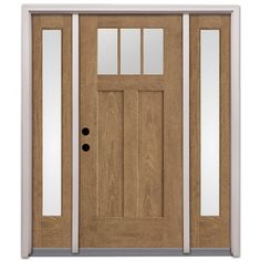 a wooden door with two sidelights and glass panels on the top half of it