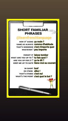 a short familiar phrases poster on a clipboard