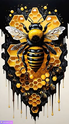 a painting of a bee with honeycombs on it