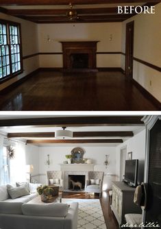 before and after photos of a living room with wood floors, fireplace, and white furniture