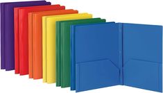 an assortment of colored folders on a white background