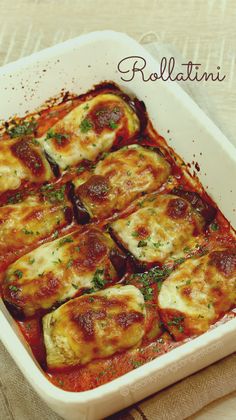 a casserole dish filled with meat and sauce