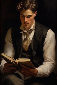 a painting of a man in a suit and tie reading a book while sitting down