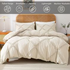 an image of a bed with white comforter and pillows