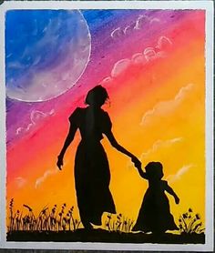 a painting of a woman holding the hand of a child in front of a sunset