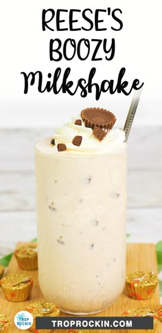 reese's boozy milkshake in a glass with chocolate chips on top