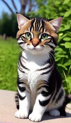 a cat with green eyes sitting in front of some bushes and grass, looking at the camera