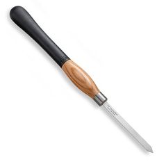 a knife with a wooden handle is shown on a white background and it has a black handle