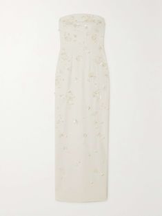 CLIO PEPPIATT Strapless embellished stretch-crepe gown Elegant Floral Embroidery Wedding Dress, Elegant Floral Embroidered Wedding Dress, Glamorous Wedding Evening Dress With Floral Embroidery, Glamorous Evening Dress With Floral Embroidery For Wedding, Glamorous Floral Embroidered Evening Dress For Wedding, Elegant White Evening Dress For Reception, Elegant Floral Embellished Evening Dress For Reception, Elegant Fitted Hand Embellished Wedding Dress, Elegant Fitted Wedding Dress Hand Embellished