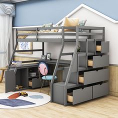 a loft bed with stairs and desk underneath