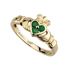 14K Gold 3 Stone Emerald Heart Claddagh Ring - S2466/S2621 - Claddagh Ring Claddagh Ring Emerald Gold, Unique Claddagh Ring, Irish Wedding Ring, Claddagh Engagement Ring, Claddagh Symbol, Irish Necklace, Irish Wedding Rings, Irish Ring, Gold Claddagh Ring