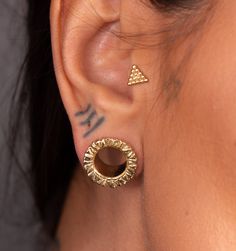 a close up of a person's ear with two piercings on top of it