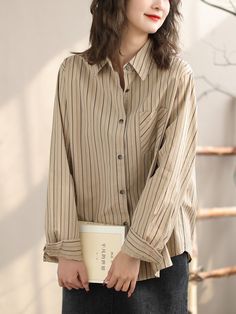 Details: Gender: Women Item Type: Blouse Material: Cotton Pattern Type: Stripe Season: Spring, Autumn Style: Leisure, Daily, Retro Occasion: Going Out, Daily Size: One Size Length: 64.00 cm/ 25.20 " Bust: 122.00 cm/ 48.03 " Shoulder: 44.00 cm/ 17.32 " Sleeve: 57.00 cm/ 22.44 " Spring Stripes, Blouse Material, Autumn Style, Loose Blouse, Luxembourg, Retro Outfits, Handmade Clothes, Latvia, Color Khaki