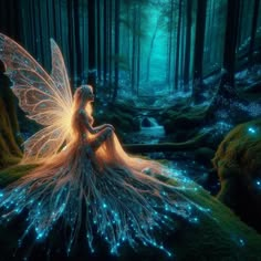 a fairy sitting in the middle of a forest with blue lights on her body and wings