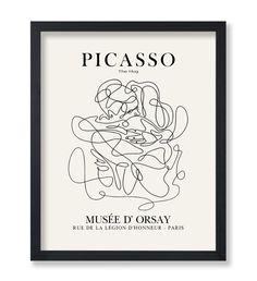 a black and white poster with the words picasso on it, in front of a