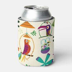 a can cooler with colorful birds and umbrellas on it