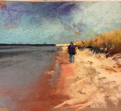 a painting of a man walking on the beach