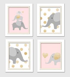 four pink and gold elephant wall art prints with polka dot circles on the bottom, one in