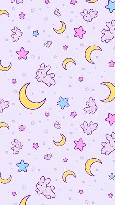 an image of a pattern with stars, moon and teddy bears on the purple background