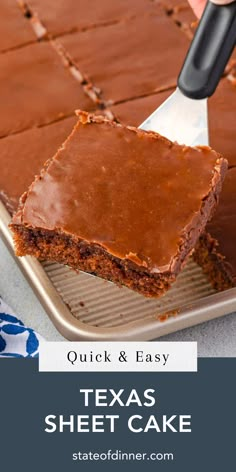 a person cutting into a sheet cake on top of a pan with chocolate frosting