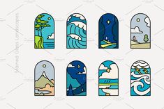 six different window frames with the ocean and mountains in them, each one has an image of