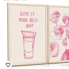 two framed pictures with pink ink on them, one has a drink and the other has a