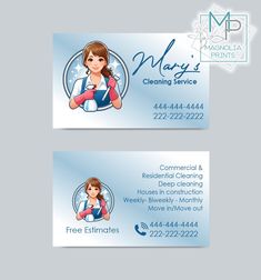 two business cards for cleaning services with a woman in the middle and an image of a house