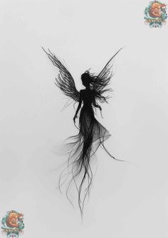 a black and white photo of a fairy with long hair flying through the air on a cloudy day