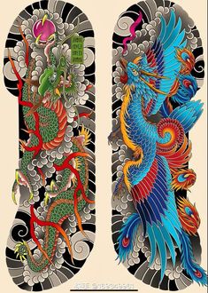 two colorful dragon designs on the back of skateboards