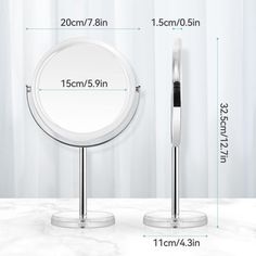 an image of a round mirror on a stand with measurements for the size and height