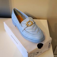 Quilted Baby Blue Loafers With Gold Hardware Nwt, True Size 9 Blue Round Toe Slip-ons For Work, Casual Blue Loafers With Round Toe, Casual Blue Loafers For Spring, Blue Closed Toe Loafers For Office, Blue Slip-on Flats For Office, Blue Spring Loafers For Work, Spring Blue Loafers For Workwear, Blue Spring Workwear Loafers, Spring Workwear Blue Loafers