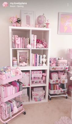 a room filled with lots of pink toys and bookshelves on top of shelves