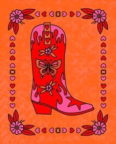 a red cowboy boot with hearts and flowers on an orange background