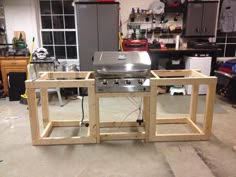 an outdoor grill being built in a garage